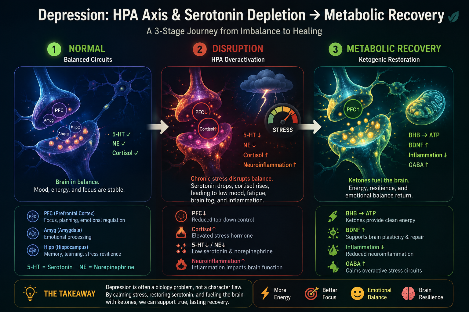 Depression: HPA Axis and Serotonin Depletion to Metabolic Recovery — a 3-stage journey